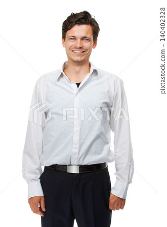 Man, career and smile with studio, portrait and happiness for corporate job. Businessman, professional accountant and confident for work, startup and style for positivity isolated on white background Man, career and smile with studio, portrait and happiness for corporate job. Businessman, professional accountant and confident for work, startup and style for positivity isolated on white background 140402328