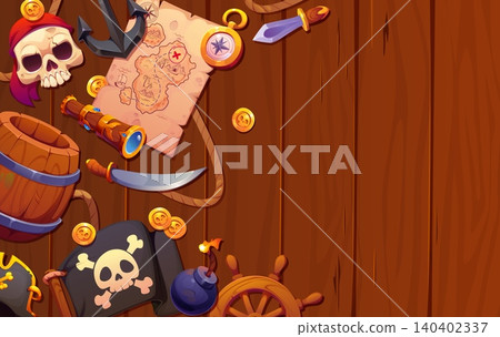 Wooden background with pirate weapons and sailors equipment of Caribbean corsairs. Jolly Roger flag with skull in pirate bandana, ship helm and anchor, sea map of treasure island with gold coins Wooden background with pirate weapons and sailors equipment of Caribbean corsairs. Jolly Roger flag with skull in pirate bandana, ship helm and anchor, sea map of treasure island with gold coins 140402337