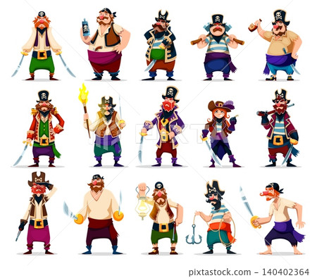 Cartoon pirates crew members vector characters. Bearded and mustached captains, rough sailors in striped shirts, corsair boatswains and skippers in hats. Men and woman pirates characters with weapons Cartoon pirates crew members vector characters. Bearded and mustached captains, rough sailors in striped shirts, corsair boatswains and skippers in hats. Men and woman pirates characters with weapons 140402364