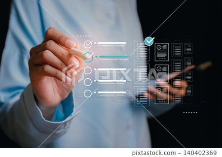 Businessman Take an assessment. Digital Checklist and Document Management for Streamlined Workflow Concepts in Professional Environment Businessman Take an assessment. Digital Checklist and Document Management for Streamlined Workflow Concepts in Professional Environment 140402369
