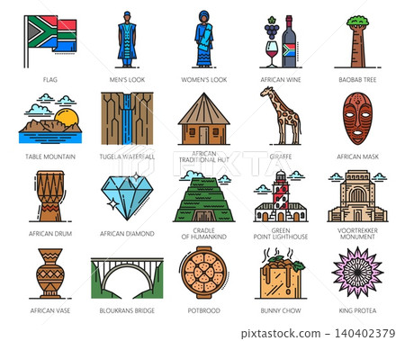 South Africa travel and culture line vector icons set. National symbols, landmarks, traditional clothing, food, animals, nature and heritage elements. Flag, people, architecture and famous places South Africa travel and culture line vector icons set. National symbols, landmarks, traditional clothing, food, animals, nature and heritage elements. Flag, people, architecture and famous places 140402379