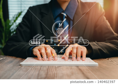Hands Typing on Keyboard with Virtual Search Bar and Brain Icon Representing Technology and Innovation Concepts, Business concept Hands Typing on Keyboard with Virtual Search Bar and Brain Icon Representing Technology and Innovation Concepts, Business concept 140402397