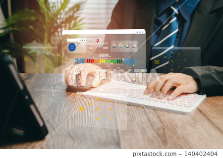 Professional Businessman Using Modern Laptop with Digital Interface and Data Visualization Tools for Work, Business concept 140402404