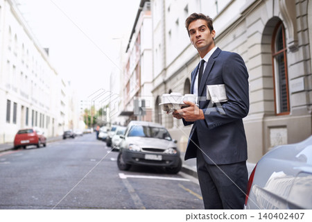 Businessman, coffee and street for travel to office, building or meeting in London. Road, cars and intern with thinking for journey, commute or trip to workplace for drink delivery in morning 140402407