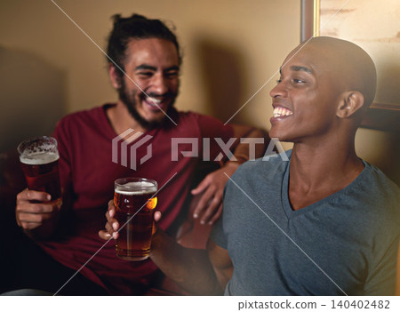 Friends, beer and pub for funny, smile and relax indoor for fun and bonding in summer to destress. Male people, bar and chill for social, guys and alcohol together and laughing for fun and weekend. 140402482