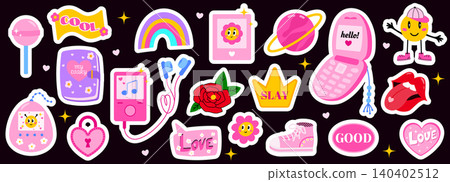 Sticker y2k cute pop retro smiley and groovy year patch icon. Happy girl for fun rainbow design slay flower love and 00s. Heart within speech bubble for emo retro style bright Sticker y2k cute pop retro smiley and groovy year patch icon. Happy girl for fun rainbow design slay flower love and 00s. Heart within speech bubble for emo retro style bright 140402512