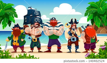 Cartoon pirate characters of captain, boatswain and skipper, gunner and sailor corsair characters on tropical beach with palm trees and galleon on the horizon. Ship crew ready for Caribbean adventures Cartoon pirate characters of captain, boatswain and skipper, gunner and sailor corsair characters on tropical beach with palm trees and galleon on the horizon. Ship crew ready for Caribbean adventures 140402524