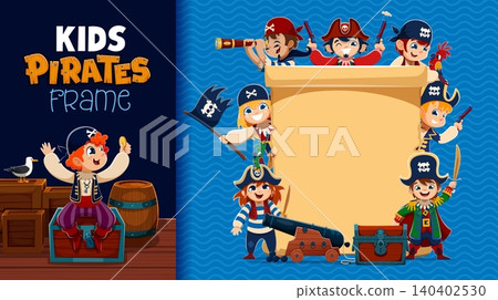 Kid pirates with old paper scroll parchment banner. Cartoon children corsair characters surround blank old manuscript on blue sea background with cannon, treasure chest and wooden barrels on ship deck Kid pirates with old paper scroll parchment banner. Cartoon children corsair characters surround blank old manuscript on blue sea background with cannon, treasure chest and wooden barrels on ship deck 140402530