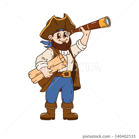 Cartoon groovy pirate captain character holding rolled map and looking through telescope. Friendly funny nautical explorer corsair, boatswain, skipper and sailor game personage ready to hunt treasure 140402535