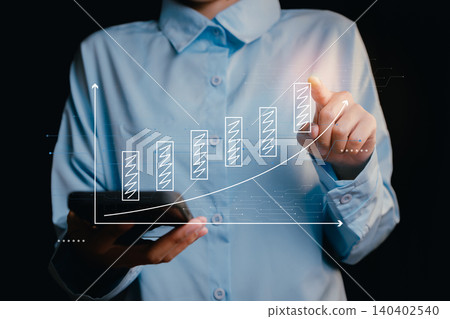 Business Growth concept. Business Person Analyzing Growth Chart with Smartphone and Digital Graph Illustration on Dark Background Business Growth concept. Business Person Analyzing Growth Chart with Smartphone and Digital Graph Illustration on Dark Background 140402540