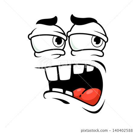 Funny cartoon face showing furious and outraged emotion. Comic emoji character with heavy squinting eyes, deep furrowed brows and wide screaming mouth with teeth and red tongue. Anger emotion for game 140402588