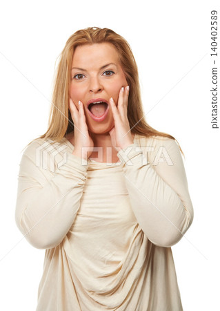 Portrait, mature woman with surprise or shock in studio, reaction and expression for news or announcement. Winner with open mouth, OMG and hands on face for success or achievement on white background Portrait, mature woman with surprise or shock in studio, reaction and expression for news or announcement. Winner with open mouth, OMG and hands on face for success or achievement on white background 140402589