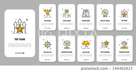 Mobile app onboarding screen, ranking star pictograms and best quality Ui cards, featuring line star icons, awards, badges and feedback symbols for app user interface, rank premium and review signs Mobile app onboarding screen, ranking star pictograms and best quality Ui cards, featuring line star icons, awards, badges and feedback symbols for app user interface, rank premium and review signs 140402625
