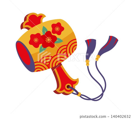 Japanese New Year lucky mallet icon and symbol featuring red plum flowers, gold wave patterns and purple tassels, evoking holiday celebration, Japan tradition and good fortune for cultural festival Japanese New Year lucky mallet icon and symbol featuring red plum flowers, gold wave patterns and purple tassels, evoking holiday celebration, Japan tradition and good fortune for cultural festival 140402632