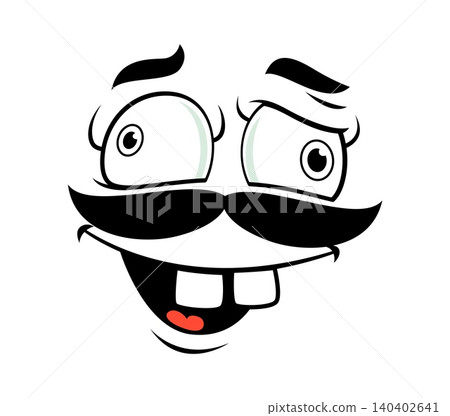 Cartoon playful goofy face emoji with bold black mustache, wide eyes, buck teeth and small red tongue. Comic character expression conveying silly, happy and surprised emotion for fun communication Cartoon playful goofy face emoji with bold black mustache, wide eyes, buck teeth and small red tongue. Comic character expression conveying silly, happy and surprised emotion for fun communication 140402641