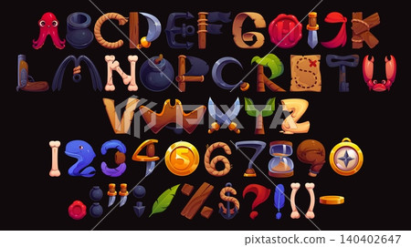 Cartoon pirate font, Caribbean corsairs typeface vector letters, English piracy alphabet type and number set with ropes, cannons, swords, gold coins. Nautical abc for kids, treasure maps or adventures Cartoon pirate font, Caribbean corsairs typeface vector letters, English piracy alphabet type and number set with ropes, cannons, swords, gold coins. Nautical abc for kids, treasure maps or adventures 140402647
