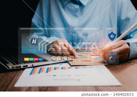 Analyzing financial data with digital charts and artificial intelligence interface in modern workspace 140402653
