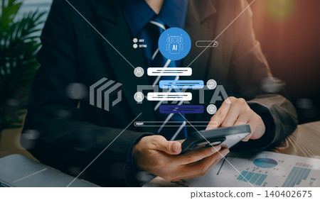 AI chatbot interaction, businessman using smartphone with artificial intelligence chat interface and messaging system, automation communication and digital assistant concept AI chatbot interaction, businessman using smartphone with artificial intelligence chat interface and messaging system, automation communication and digital assistant concept 140402675