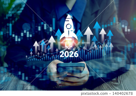 Business growth forecast 2026, rocket launching above rising financial chart with upward arrows on digital interface, future success planning and investment growth concept Business growth forecast 2026, rocket launching above rising financial chart with upward arrows on digital interface, future success planning and investment growth concept 140402678