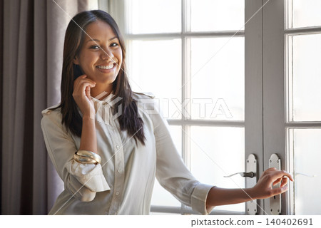 Woman, smile and portrait with fashion in home for casual clothes, trendy style and modern garment to relax. Indian person, attractive and pretty with accessories in shirt for elegant beauty Woman, smile and portrait with fashion in home for casual clothes, trendy style and modern garment to relax. Indian person, attractive and pretty with accessories in shirt for elegant beauty 140402691