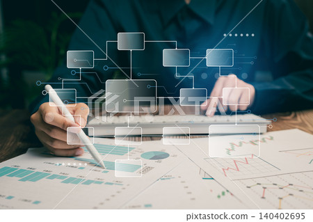 Work flow concept. Business Analysis and Data Visualization with Graphs and Charts for Decision Making and Strategic Planning Work flow concept. Business Analysis and Data Visualization with Graphs and Charts for Decision Making and Strategic Planning 140402695