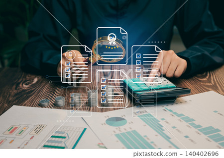 Business Review. Person Analyzing Reports with Magnifying Glass and Data Charts on Wooden Table for Business Review and Financial Assessment 140402696