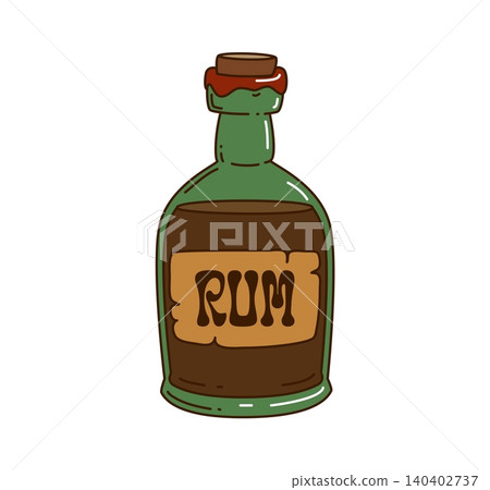 Cartoon groovy pirate rum bottle game icon, retro corsair glass flask showing dark amber liquid, vintage label and cork stopper. Classic alcohol drink, symbol of seafaring and treasure hunting lore Cartoon groovy pirate rum bottle game icon, retro corsair glass flask showing dark amber liquid, vintage label and cork stopper. Classic alcohol drink, symbol of seafaring and treasure hunting lore 140402737