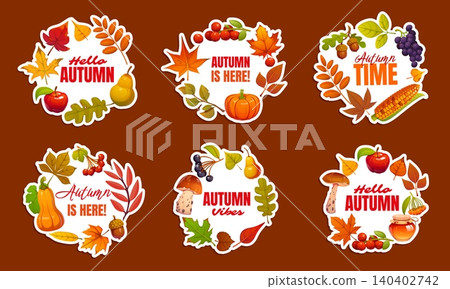 Thanksgiving and autumn round frame banners or vector stickers with harvest. Hello Autumn quotes on banners with harvest of pumpkins, mushrooms and corn with maple and oak leaves for Thanksgiving Day Thanksgiving and autumn round frame banners or vector stickers with harvest. Hello Autumn quotes on banners with harvest of pumpkins, mushrooms and corn with maple and oak leaves for Thanksgiving Day 140402742