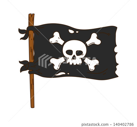 Groovy cartoon Jolly Roger pirate flag on wooden pole featuring skull and crossbones on torn black banner. Bold groovy corsair flag with aged and tattered edges for kids apparel and party decorations Groovy cartoon Jolly Roger pirate flag on wooden pole featuring skull and crossbones on torn black banner. Bold groovy corsair flag with aged and tattered edges for kids apparel and party decorations 140402786