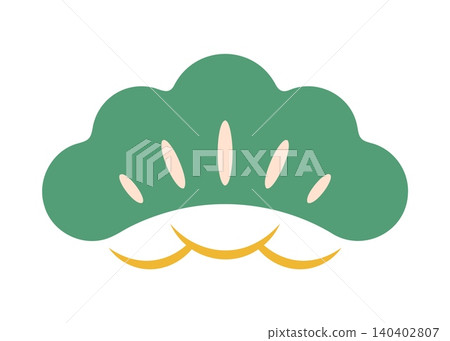 Japanese New Year pine tree icon with rounded green foliage and pale bud shapes above golden wave motifs. Traditional celebration symbol and seasonal greeting art for holiday and festival decorations Japanese New Year pine tree icon with rounded green foliage and pale bud shapes above golden wave motifs. Traditional celebration symbol and seasonal greeting art for holiday and festival decorations 140402807