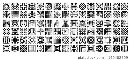 8 bit pixel elements set of retro game UI. Vector pixel art icons of vintage computer and video game interface elements. Isolated 8 bit graphic patterns set with flowers, snowflakes, sun and snow 140402809