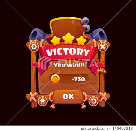 Pirate and corsair game ui menu interface, app window and buttons panel. Cartoon victory wooden screen for mobile game showing You win banner with three stars, coin reward for player level completion 140402818