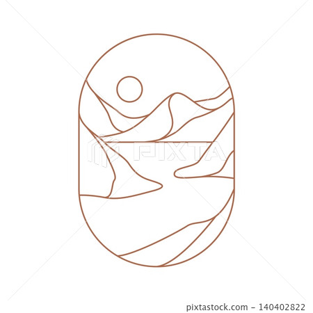 Desert mountains landscape boho icon. Aesthetic oval window frame with flowing sand dunes, mountain peaks and rising sun. Linear symbol for travel branding, wellness products and bohemian apparel Desert mountains landscape boho icon. Aesthetic oval window frame with flowing sand dunes, mountain peaks and rising sun. Linear symbol for travel branding, wellness products and bohemian apparel 140402822