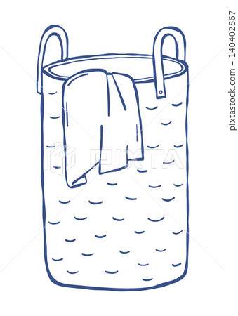 Home Comfort. Round Jute Storage Basket with Handles. Eco-Friendly Home Organization and Laundry Hamper. Sustainable Zero Waste Lifestyle. Outline Blue Hand Drawn Doodle. Vector Illustration. 140402867