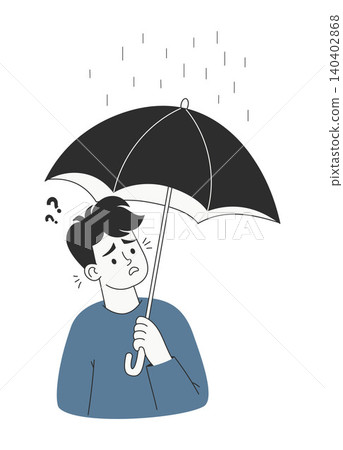Scared Man Under Umbrella in Rain Thinking with Question Marks. Upset Male Character Looking Out for Safety and Protection. Phobia and Fear. Flat Vector Illustration. Uncertainty and Crisis Concept. 140402868