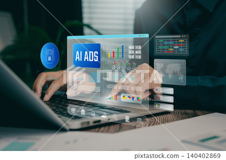 AI marketing concept, hands using laptop with AI ads dashboard and analytics charts, digital advertising optimization, data-driven targeting, campaign performance improvement, business growth strategy 140402869