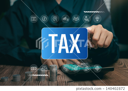 Financial planning concept, hand pointing TAX icon with money stacks and calculation tools, budgeting analysis, cost management strategy, revenue planning, accounting accuracy 140402872