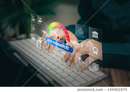 Operational risk concept, hands typing with digital risk management gauge overlay, system assessment workflow, compliance monitoring, performance evaluation, strategic planning efficiency improvement. 140402874
