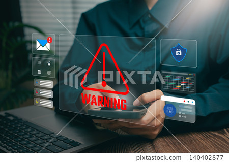 Warning alert concept, hand using smartphone with red caution symbol overlay, security risk notification, system monitoring, threat awareness, safety verification workflow, digital protection process. Warning alert concept, hand using smartphone with red caution symbol overlay, security risk notification, system monitoring, threat awareness, safety verification workflow, digital protection process. 140402877