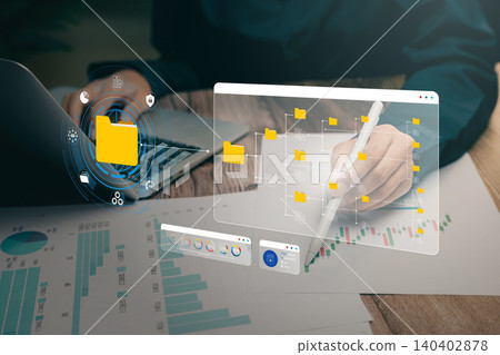 Data management concept, hand writing with digital folder structure overlay, organized file workflow, document classification system, productivity improvement, operational clarity Data management concept, hand writing with digital folder structure overlay, organized file workflow, document classification system, productivity improvement, operational clarity 140402878