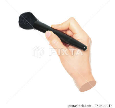 Woman hand holds black cosmetics brush, isolated on transparent background, cosmetics and visage concept. Contemporary art Woman hand holds black cosmetics brush, isolated on transparent background, cosmetics and visage concept. Contemporary art 140402918