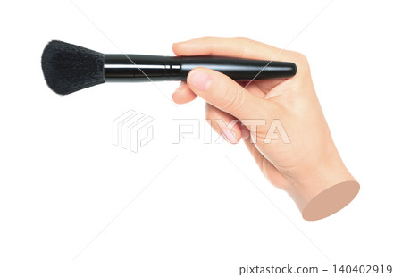 Woman hand holds black cosmetics brush, isolated on transparent background, cosmetics and visage concept. Contemporary art 140402919