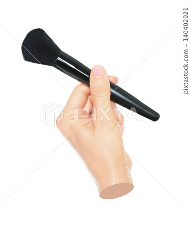 Woman hand holds black cosmetics brush, isolated on transparent background, cosmetics and visage concept. Contemporary art Woman hand holds black cosmetics brush, isolated on transparent background, cosmetics and visage concept. Contemporary art 140402921