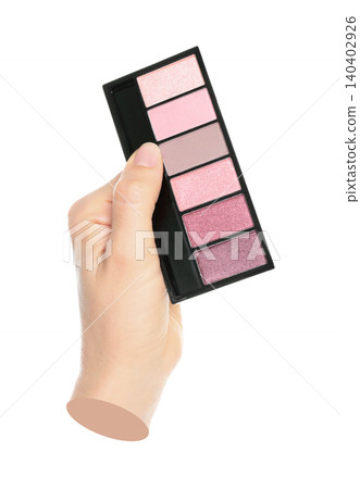 Woman hand holds cosmetic palette, isolated on transparent background, cosmetics and visage concept. Contemporary art Woman hand holds cosmetic palette, isolated on transparent background, cosmetics and visage concept. Contemporary art 140402926