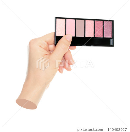 Woman hand holds cosmetic palette, isolated on transparent background, cosmetics and visage concept. Contemporary art Woman hand holds cosmetic palette, isolated on transparent background, cosmetics and visage concept. Contemporary art 140402927