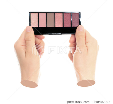 Woman hand holds cosmetic palette, isolated on transparent background, cosmetics and visage concept. Contemporary art Woman hand holds cosmetic palette, isolated on transparent background, cosmetics and visage concept. Contemporary art 140402928