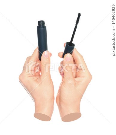 Woman hand holds cosmetic mascara brush, isolated on transparent background, cosmetics and visage concept. Contemporary art 140402929