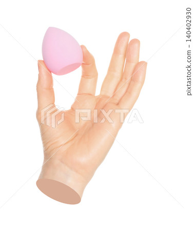 Woman hand holds cosmetic sponge, isolated on transparent background, cosmetics and visage concept. Contemporary art Woman hand holds cosmetic sponge, isolated on transparent background, cosmetics and visage concept. Contemporary art 140402930