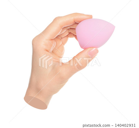 Woman hand holds cosmetic sponge, isolated on transparent background, cosmetics and visage concept. Contemporary art Woman hand holds cosmetic sponge, isolated on transparent background, cosmetics and visage concept. Contemporary art 140402931