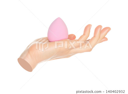 Woman hand holds cosmetic sponge, isolated on transparent background, cosmetics and visage concept. Contemporary art Woman hand holds cosmetic sponge, isolated on transparent background, cosmetics and visage concept. Contemporary art 140402932